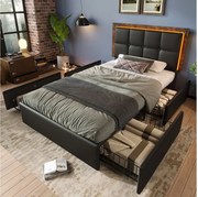 Łóżko młodzieżowe 90x200 cm, czarne PU, z regulowanym zagłówkiem i 4 szufladami, oświetlenie LED, bez materaca