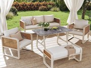 Salon ogrodowy, zestaw mebli z rattanu PE na 6-7 osób - Kanapa 3-osobowa - z żelaza ocynkowanego - 2 fotele - stół w stylu marmuru, Beżowy