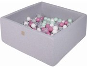 Kwadratowy Suchy Basen Z Piłeczkami 7cm Dla Dziecka, 110x110x40cm/400 Piłek, Bawełniany, Jasnoszary, Piłki: Transparentne, Szare, Białe, Jasnoróżowe, Miętowe - Meowbaby®