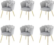 Conjunto de 6 cadeiras de veludo para sala de jantar - 62 x 54,5 x 77 cm - com encosto - Pernas de metal - Cinza