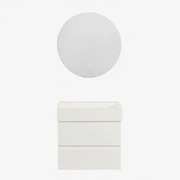 Zestaw Wiszących Mebli Łazienkowych Z Drewna I Forniru Jesionowego Zintegrowany Z Umywalką Ona Biała & Okrągła - Sklum