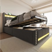 Tapicerowane łóżko ze schowkiem dla dzieci - 90 x 200 cm - z diodami LED + USB + zagłówek ze schowkiem - len + metal + sklejka + MDF - szary