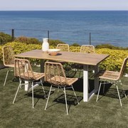 Zestaw Stołowy Prostokątny 180x90 Cm Z Drewna Akacjowego I Stali Maupi Oraz 6 Krzeseł Ogrodowych Z Naturalnego Rattanu Syntetycz Gardenia - Sklum