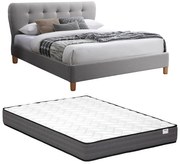 Łóżko 160 x 200 cm z pikowanym zagłówkiem - Tkanina - Jasnoszary + Materac - ELIDE