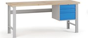 Stół warsztatowy G7, blat bukowy, 2000 x 800 x 840 mm, 1x kontener, 3x szuflada, niebieski