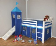 Łóżko piętrowe dla dzieci 208x110x97 cm białe z niebieską zasłoną, łóżko typu loft, kabina