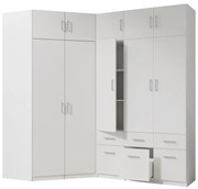 Szafa narożna 5-drzwiowa z 6 szufladami - szer. 254 cm - Biały + Nadstawki - BELOMY