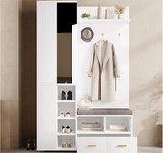 Zestaw szafy na ubrania 120x35x190cm - z 2 szufladami i przegródkami do przechowywania - z lustrem i ławką na buty - Biały