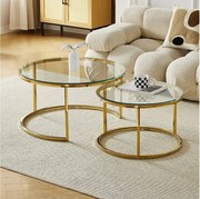 Zestaw stolików kawowych MILA – Hartowane szkło przezroczyste i złoty metal