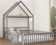 Łóżko dziecięce domek 140x200cm z litego drewna - z wieszakiem na ubrania - Szare