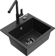 Mexen Milo zlewozmywak granitowy 1-komorowy z baterią kuchenną Flora, czarny/srebrny metalik - 6505-73-670401-70-B
