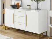 Nowoczesny buffet 145x40x75cm - z 2 frontami i 3 szufladami - z regulowanymi półkami - wzór jodełkowy - Biały