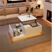 Stolik kawowy regulowany - 100 x 50 x 33 cm - z diodami LED + ukryty schowek + półka - płyta wiórowa - biały