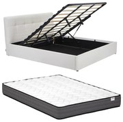 Łóżko ze skrzynią 180 x 200 cm - Tkanina z bukli - Biały + Materac - MAZIRI