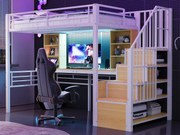 Łóżko na antresoli 90 x 200 cm - z półkami - z biurkiem - z gniazdkiem elektrycznym - z oświetleniem LED - z drabiną - biały​ (materac nie jest wliczony w cenę)