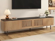 Nowoczesne meble TV 190x35x45 cm - 4 drzwi żaluzjowe - zaokrąglone krawędzie - nogi żelazne - MDF - naturalny