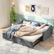 Szary welurowy sofa-łóżko 90/180x200 cm z ramą z listew, rozkładane łóżko wysuwane, bez materaca