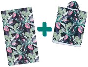 Zestaw plażowy NIGHT BLOSSOM – ręcznik plażowy 100×180 cm i ponczo 80×145 cm, czarny