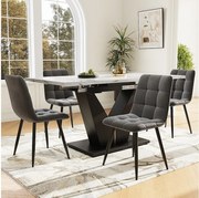 Zestaw obiadowy składający się z pięciu elementów - 1 rozkładany stół + 4 krzesła welurowe - 99/159 x 75 x 75 cm - płyta MDF + metal - biały + szary