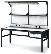 Alfa 3 Antystatyczny stół warsztatowy ESD, panel perforowany, półka, oświetlenie, 1 skrzynka szufladowa na narzędzia, 1800 x 800 x 745-985 mm