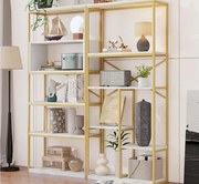 Nowoczesna półka 160x29,5x180 cm - Półki na kilku poziomach - Konstrukcja z rur stalowych i MDF - Kształt prostokątny - Złoty i biały