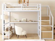 Łóżko mezzanine metalowe 140x200 cm - z drabiną do przechowywania i biurkiem - Białe