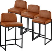 Stolik Barowy SucceBuy, Zestaw 4, Wygodne Krzesło Barowe w Skórze PU, 68 cm Wysokości, Stół Kuchenny z Oparciem I Nogami Metalowymi, Brązowy
