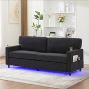 Nowoczesna sofa 2-osobowa - 203 x 77,5 x 85 cm - z USB-C + diodami LED + uchwytami na kubki i kieszeniami bocznymi - aksamitna - ciemnoszara