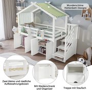 Łóżko antresola 90 x 200 cm z 1 szafą i 2 szafkami oraz 3 szufladami - Sosna + MDF + sklejka - Biały + zielony