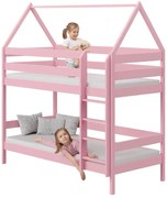 Różowe dziecięce łóżko piętrowe domek z 2 materacami K7-T27
