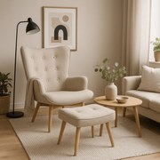 Fotel Wypoczynkowy Uszak LOZANO 2 Z Podnóżkiem Beżowy Tapicerowany Nowoczesny