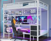 Łóżko piętrowe 140×200cm - z szufladą - z biurkiem - z oświetleniem LED + USB - białe (bez materaca)