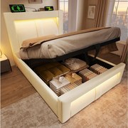 Łóżko pojedyncze z pojemnikiem na pościel - 90 x 200 cm - z hydraulicznym stelażem + diody LED + port USB + zaokrąglony zagłówek - aksamitne - beżowe