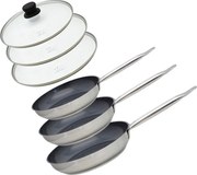 Zestaw 3 patelni ze stali nierdzewnej 18/10 ELODUR® bez PFAS Ø24-28-32 cm z pokrywkami szklanymi – Wszystkie rodzaje kuchenek, indukcja, dno kapsułkowe eco