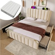 Łóżko tapicerowane dwuosobowe - 180 x 200 cm - z zagłówkiem + USB + 4 szuflady - pościel - beżowe (z materacem)
