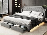 Łóżko tapicerowane lniane - 180x200cm - z LED i szufladami - Szare