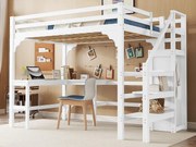 Łóżko mezzanine 140x200cm z drewna - z biurkiem, szafą i stelażem na materac - Białe