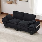 Sofa dwuosobowa z kordu - 190 x 73 x 84 cm - z portem USB i kieszeniami - wypełnienie z pianki - kolor czarny
