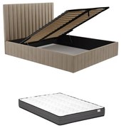 Łóżko ze skrzynią 160 x 200 cm i zagłówkiem z pionowymi przeszyciami – welur – Taupe + Materac - LARALI marki Pascal Morabito