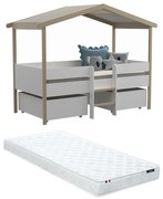 Łóżko w kształcie domku SAROSI z szufladami – 90 × 190 cm – drewno lipowe – kolor biały i dębowy, w zestawie z materacem