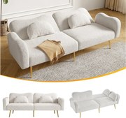 Sofa rozkładana 2-osobowa - 175 x 79 x 82 cm - z regulowanym oparciem - nogi metalowe w kolorze złotym - aksamit - biała