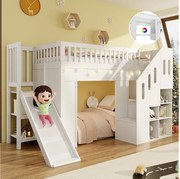 Łóżko piętrowe dla dzieci - 90 x 200 cm - ze zjeżdżalnią + barierką zabezpieczającą + schodkami do przechowywania + diodami LED - drewno - białe