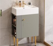 Szafa łazienkowa z ceramiczną umywalką - z 1 drzwiami i 2 otwartymi półkami - 4 metalowe nóżki - Szary (bateria nie jest w zestawie)