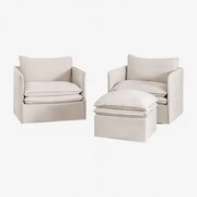 Komplet Wypoczynkowy Z 2 Fotelami I Pufem Z Lnu I Bawełny Grace Tkaniny Beige - Sklum