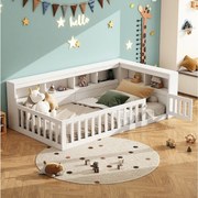 Łóżko pojedyncze dla dzieci - 90 x 200 cm - szafka nocna z pojemnikiem + gniazdko + USB - ze stelażem - płyta wiórowa - białe