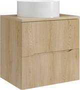 Szafka łazienkowa wisząca prążkowana z okrągłą umywalką nablatową – Jasny naturalny – 60 cm – ORISO