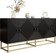 Nowoczesna komoda z 3 podwójnymi drzwiami - 160 x 38 x 75,5 cm - na złotych nogach - płyta wiórowa - czarna