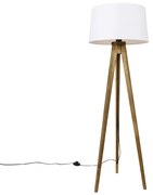 Rustykalna lampa podłogowa na trójnogu z vintage'owego drewna z białym abażurem z lnu 45 cm - Tripod Classic Rustykalny / Vintage Oswietlenie wewnetrzne
