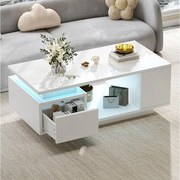 Stolik kawowy lakierowany - 100 x 50 x 36 cm - z szufladą + diody LED + 4 schowki - płyta wiórowa - biały