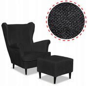 Fotel uszak Bella z podnóżkiem czarny welur plusz